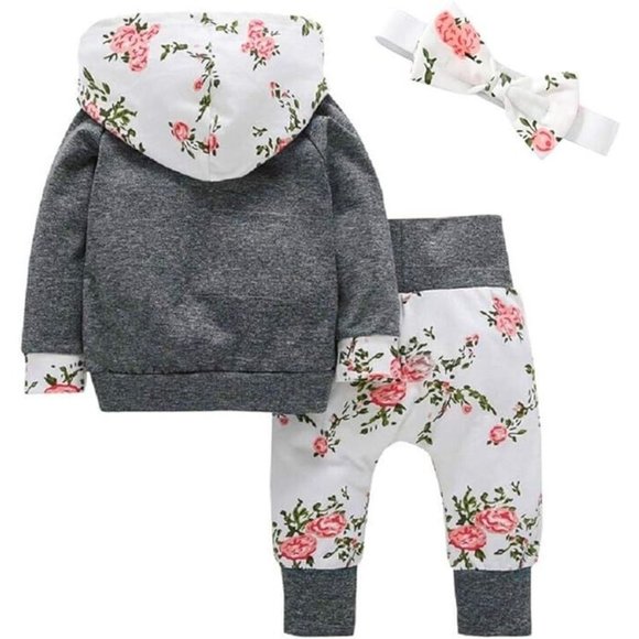 Baby Girl 2 Piece Outfit Floral Hoodie and Pants Matching Headband 12/18 Months - Picture 2 of 7